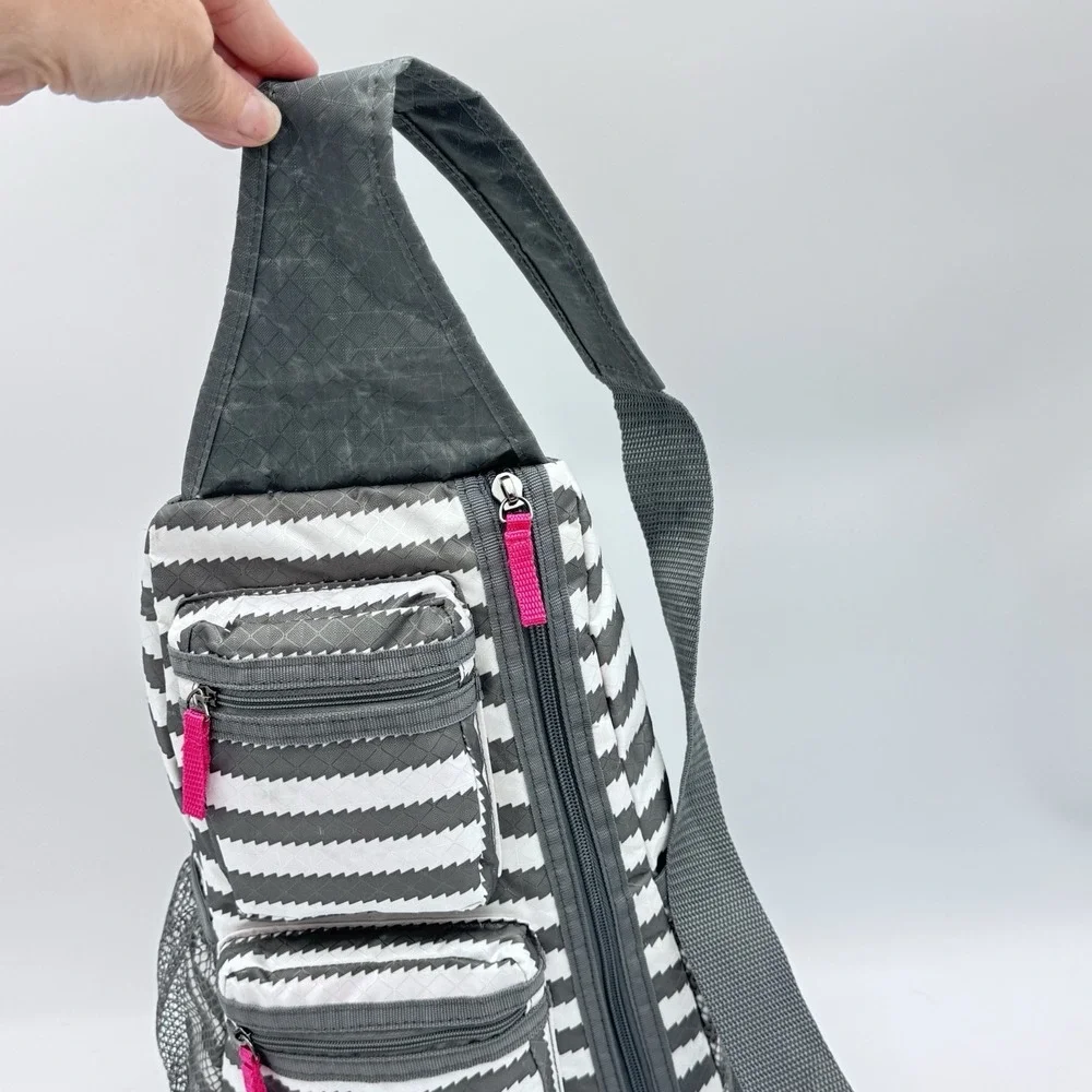 Thirty One Sling Backpack Gray White Chevron Stripe Crossbody Bag Pink Accents